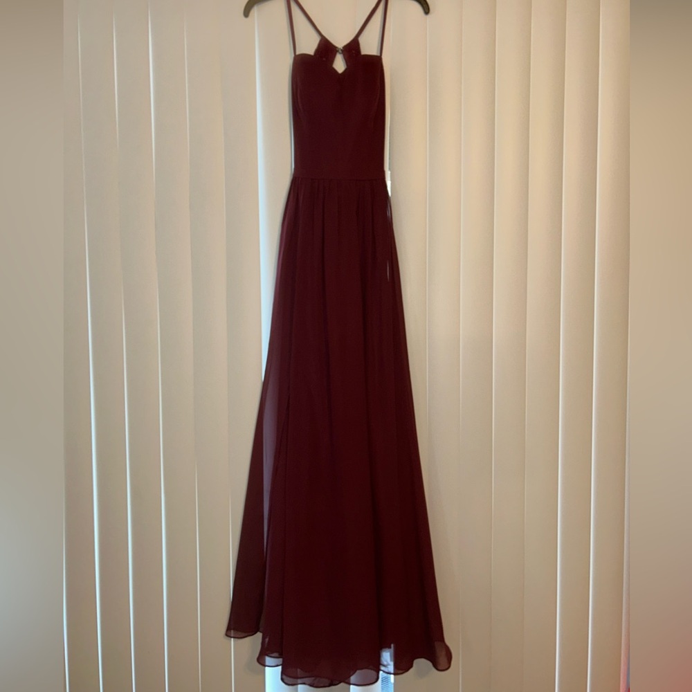 CICINIA Madeline Spaghetti Straps Split Chiffon Bridesmaid Dress in Burgundy